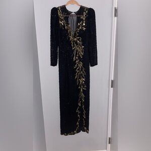 🎥 Vintage 1980 Sequin Evening Gown Gala Black & Gold Dead Stock Pageant Formal
